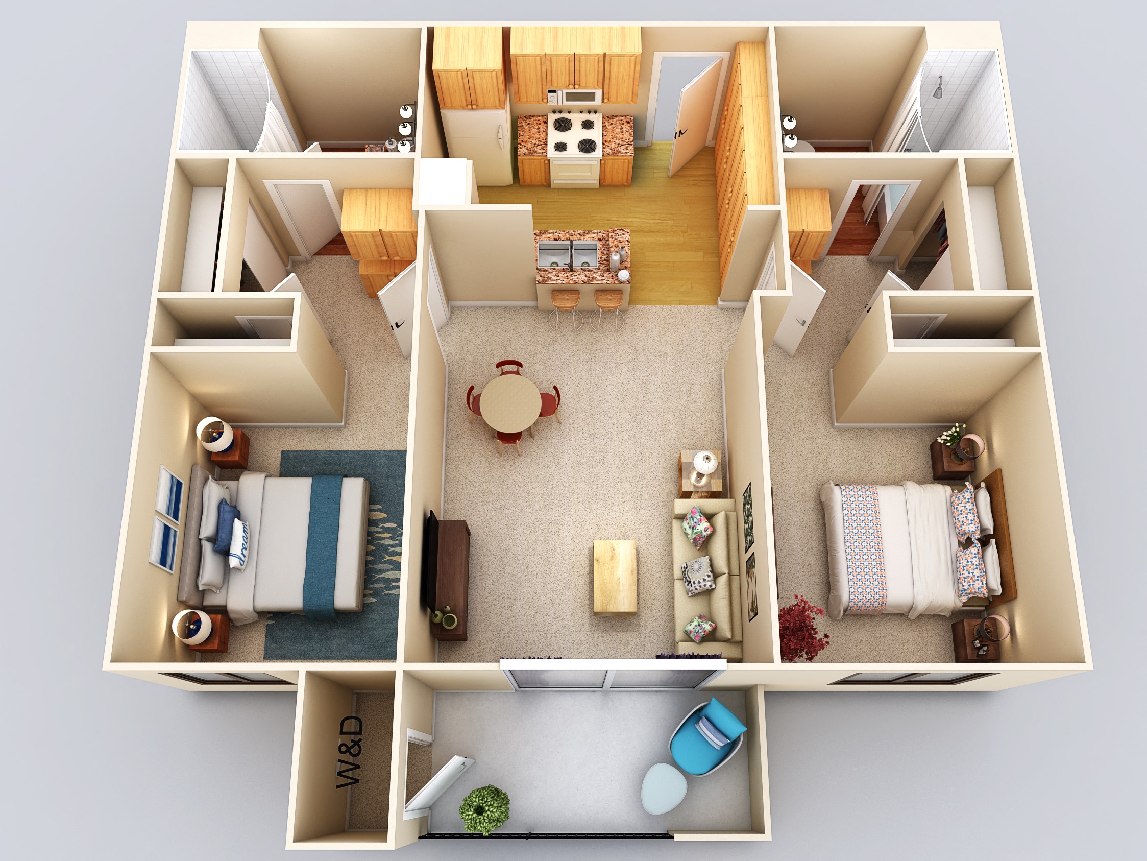 Floor plan for 2 beds, 2 baths, 963 sqft